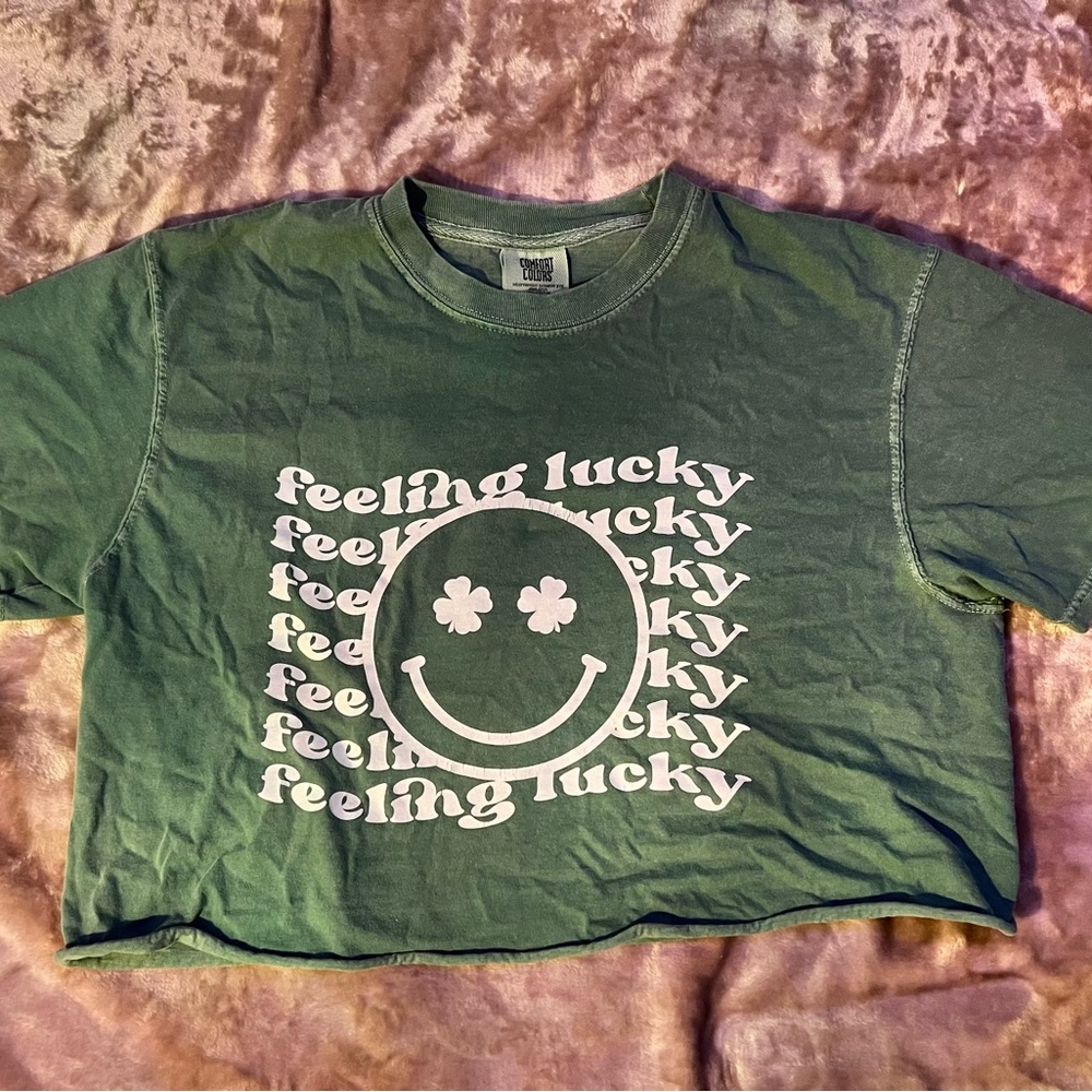 Green Women Crop Top with Smiley Face Design